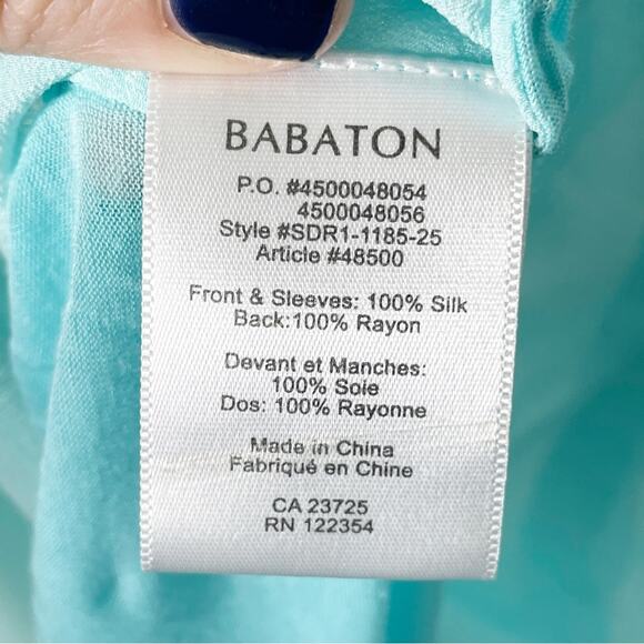Babaton Aritizia Split Neck Silk Front Cap Sleeve Blouse Aqua Blue Size Small - Picture 8 of 9